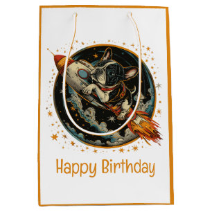 Happy Birthday Rocket Ship French Bulldog Medium Gift Bag