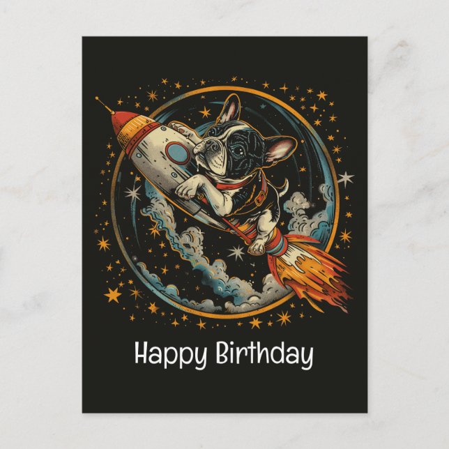 Happy Birthday Rocket Ship French Bulldog Postcard (Front)