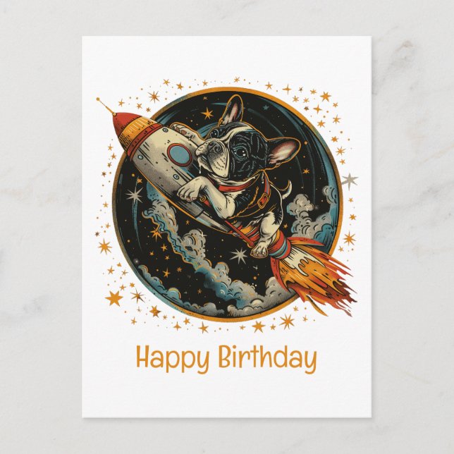 Happy Birthday Rocket Ship French Bulldog Postcard (Front)