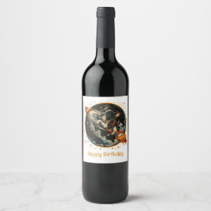 Happy Birthday Rocket Ship French Bulldog Wine Label