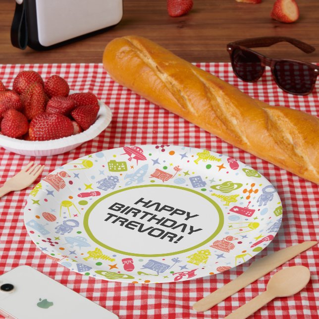 Happy Birthday Rocket Ships Green Paper Plate (Picnic)