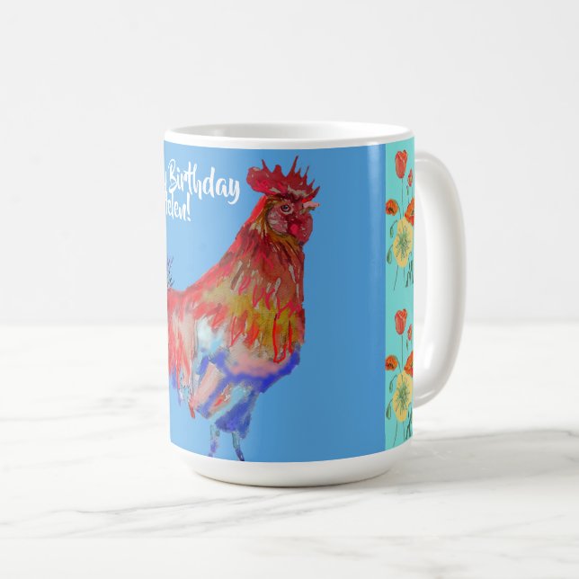 Happy Birthday Rooster Orange Poppy Woman Name Mug (Front Right)