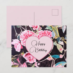 Happy Birthday Rose floral Pink Black Postcard