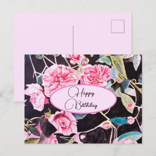 Happy Birthday Rose floral Pink Black Postcard