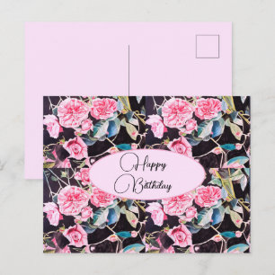 Happy Birthday Rose floral Pink Black Postcard