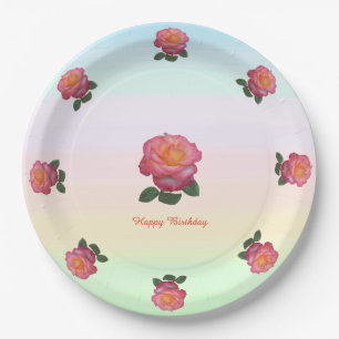 Happy Birthday Rose Flowers Paper Plate