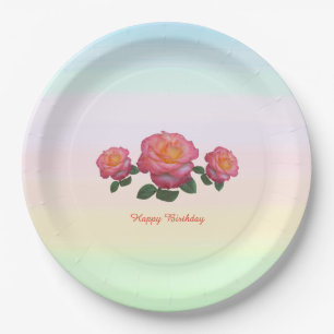 Happy Birthday Rose Flowers Paper Plate