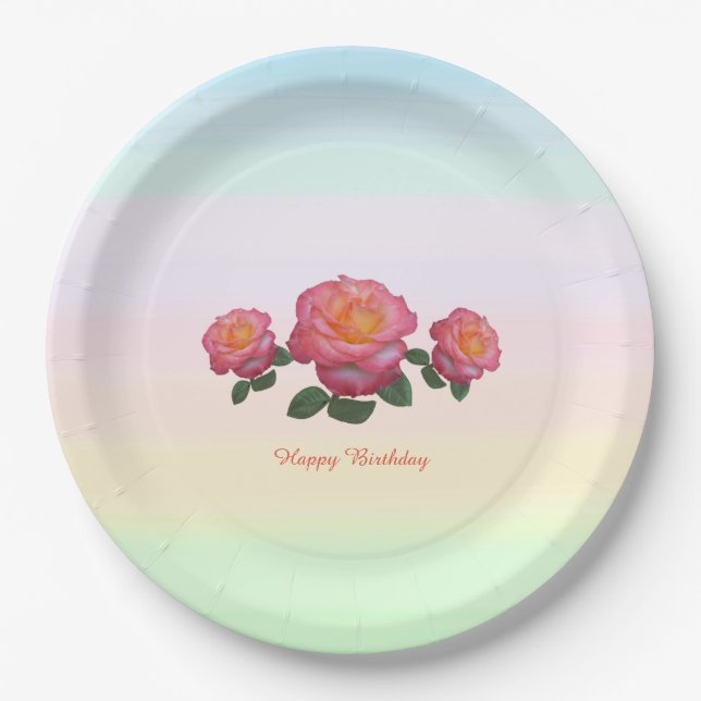 Happy Birthday Rose Flowers Paper Plate (Front)