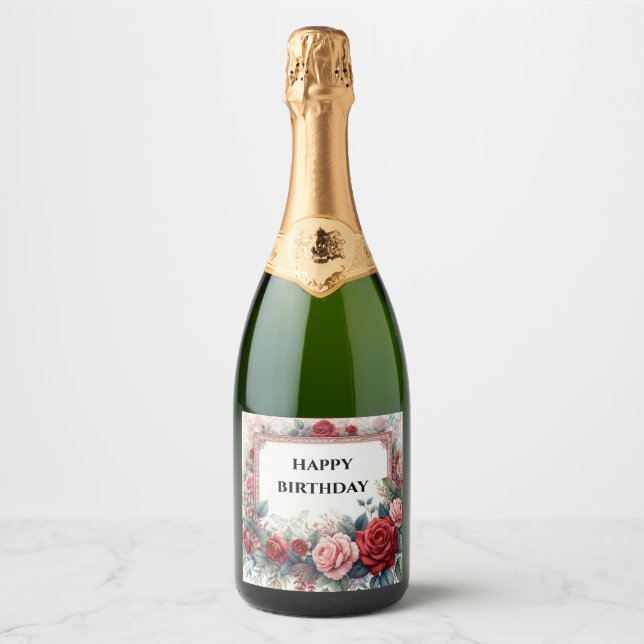 happy birthday rose frame champagne bottle label (Front)
