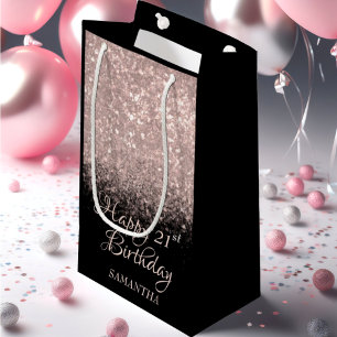 Happy Birthday Rose Gold &  Black Glitter Any Age Small Gift Bag