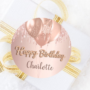 Happy Birthday rose gold blush glitter balloons Classic Round Sticker