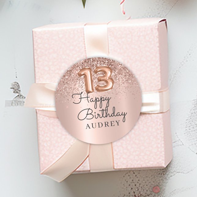  Happy Birthday Rose Gold Glitter Balloon 13th Classic Round Sticker (Creator Uploaded)