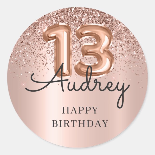  Happy Birthday Rose Gold Glitter Balloon 13th Classic Round Sticker (Front)