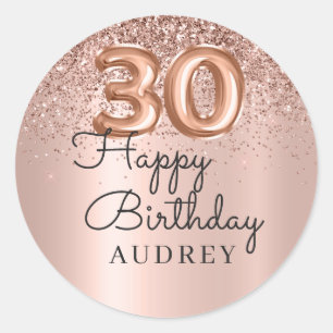 Happy Birthday Rose Gold Glitter Balloon 30th Classic Round Sticker