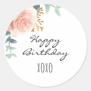 Happy Birthday rose gold pink floral eucalyptus Classic Round Sticker