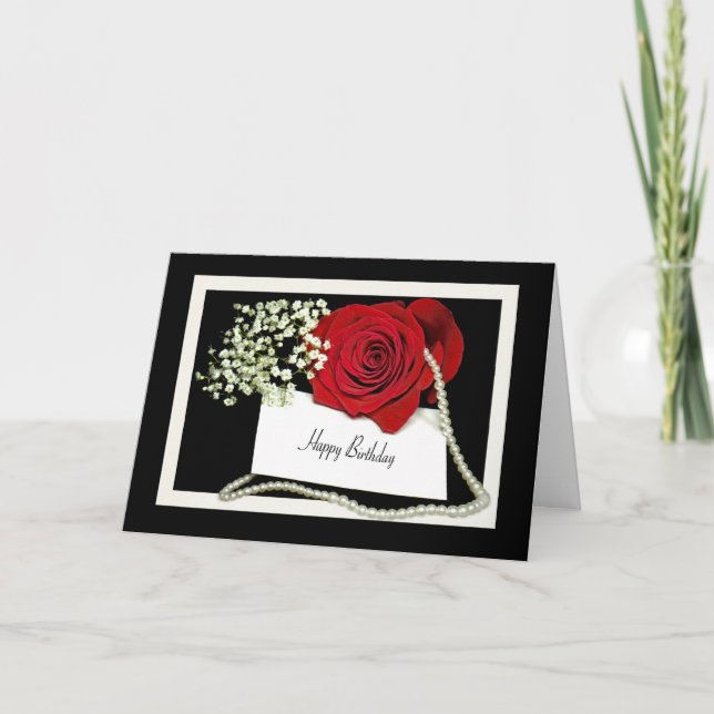 Happy Birthday Rose with pearls Card (Front)