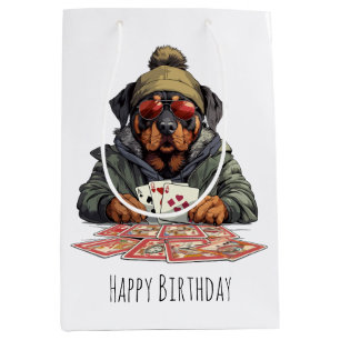 Happy Birthday Rottweiler Dog Playing Cards Medium Gift Bag
