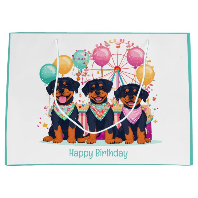 Happy Birthday Rottweiler Dogs At A Carnival  Large Gift Bag (Front)