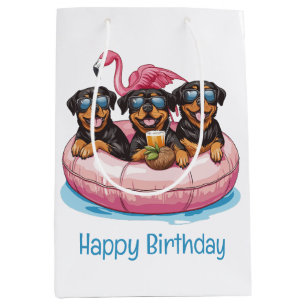 Happy Birthday Rottweiler Dogs Flamingo Pool Tube Medium Gift Bag