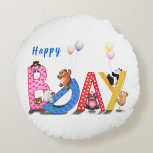 Happy Birthday Round Pillow Baby Bears Party