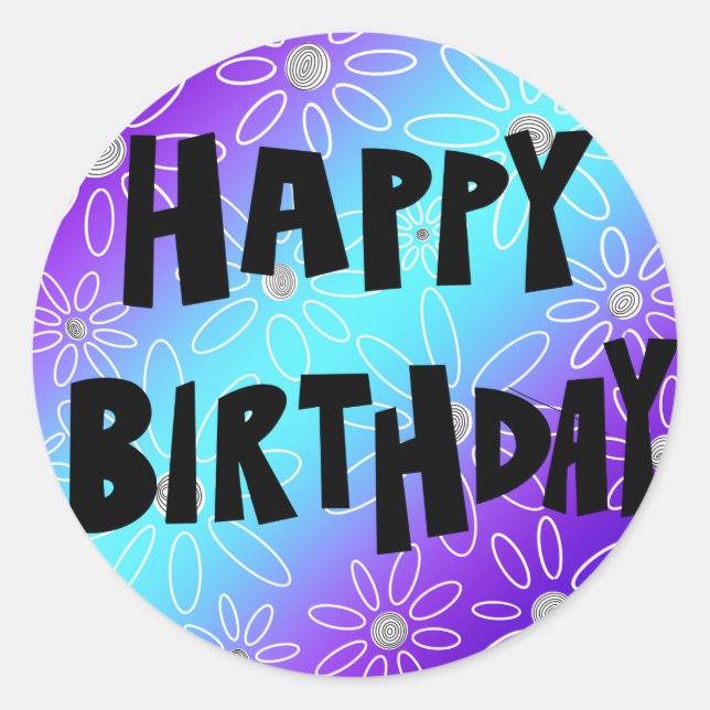 Happy Birthday Round Sticker with Flowers (Front)