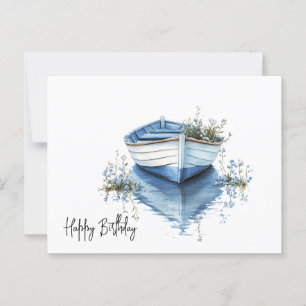 Happy Birthday Rowboat Blue Flowers Postcard
