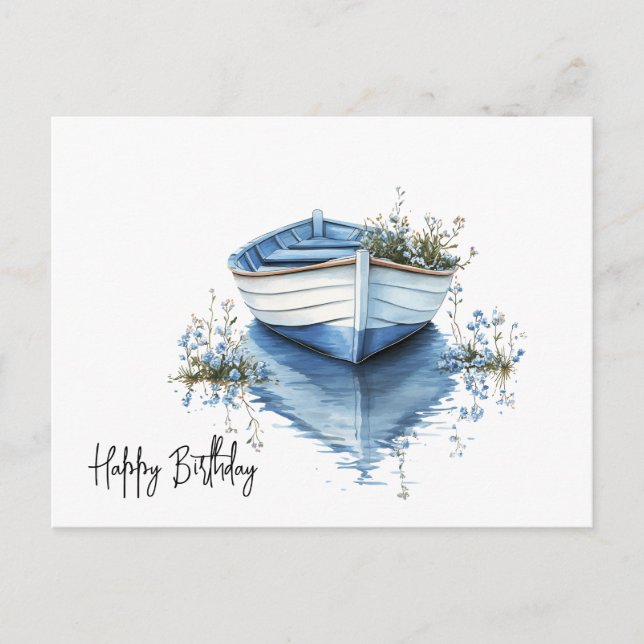 Happy Birthday Rowboat Blue Flowers Postcard (Front)