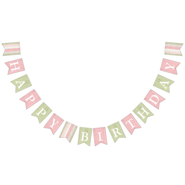 Happy Birthday Rustic Sage Green Pink Floral Wood Bunting (All)