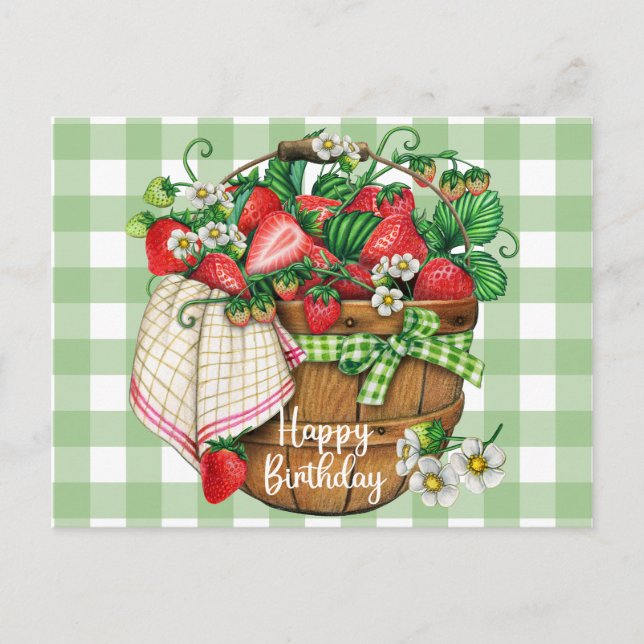Happy Birthday Rustic Strawberry Fruit Basket  Postcard (Front)