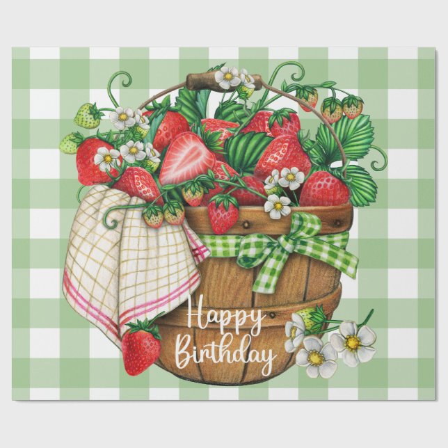 Happy Birthday Rustic Strawberry Fruit Basket  Wrapping Paper (Flat)
