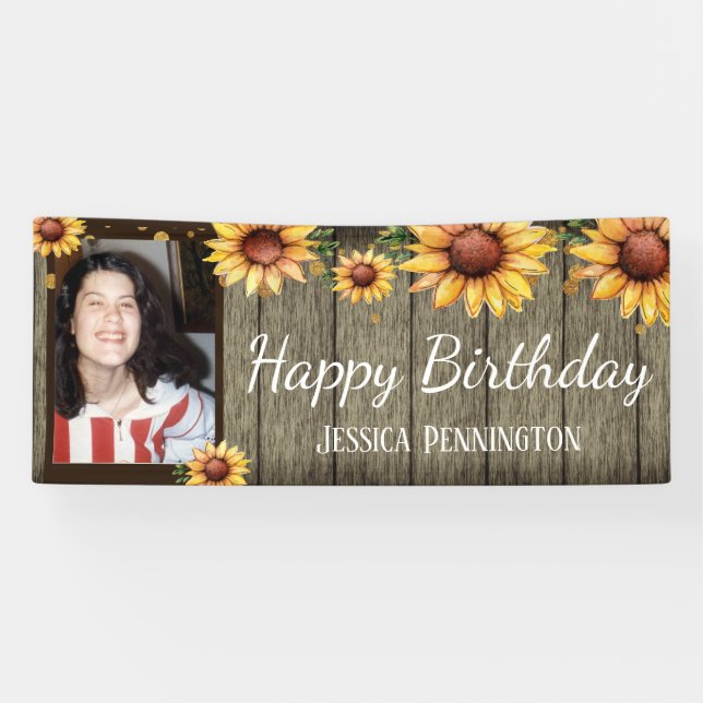 Happy Birthday Rustic Wood Sunflowers One Photo Banner (Horizontal)