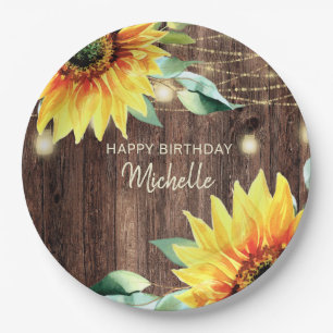 Happy Birthday Rustic Wood Sunflowers String Light Paper Plate