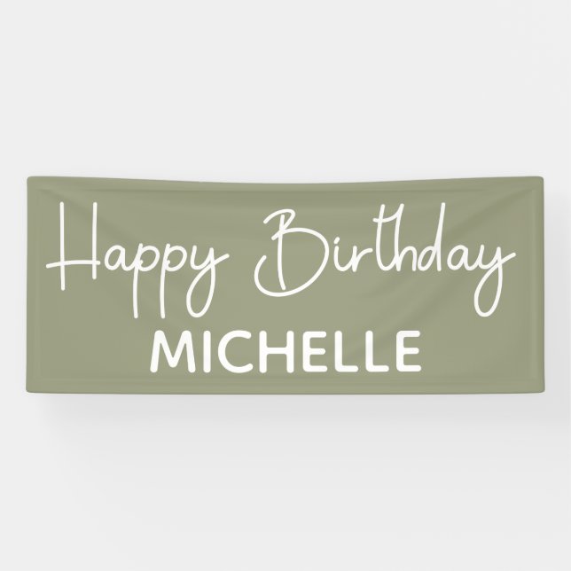 Happy Birthday Sage Green White Whimsical Script Banner (Horizontal)