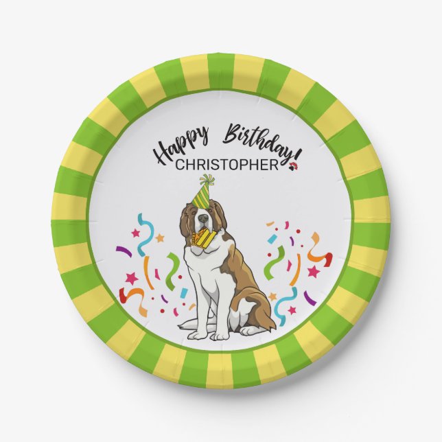 Happy Birthday Saint Bernard Dog Party Paper Plate (Front)