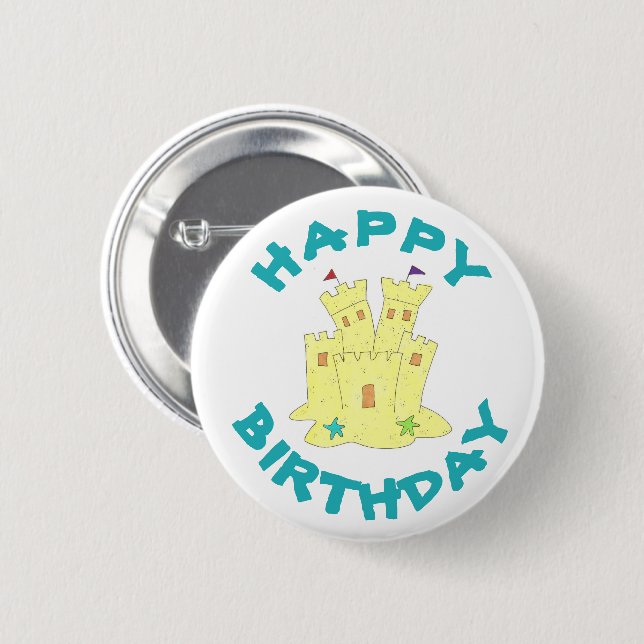 Happy Birthday Sandcastle Sand Castle Beach Party 6 Cm Round Badge (Front & Back)