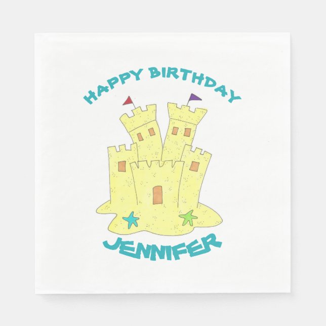 Happy Birthday Sandcastle Sand Castle Beach Party Napkin (Front)