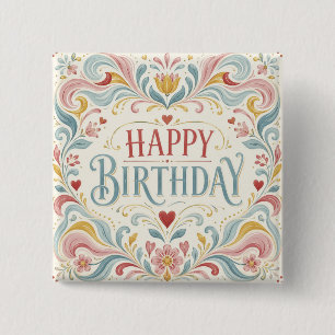 Happy Birthday Scandinavian Folk Art Floral Swirls 15 Cm Square Badge