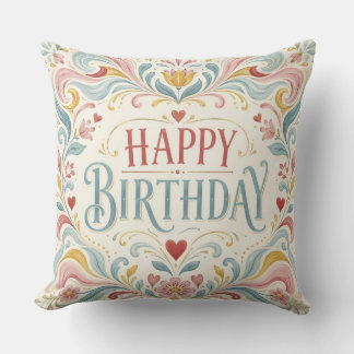 Happy Birthday Scandinavian Folk Art Floral Swirls Cushion