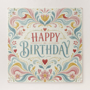 Happy Birthday Scandinavian Folk Art Floral Swirls Jigsaw Puzzle