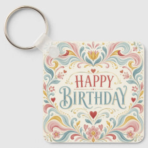 Happy Birthday Scandinavian Folk Art Floral Swirls Key Ring