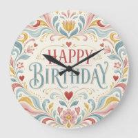 Happy Birthday Scandinavian Folk Art Floral Swirls