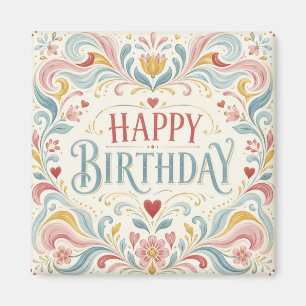 Happy Birthday Scandinavian Folk Art Floral Swirls Magnet