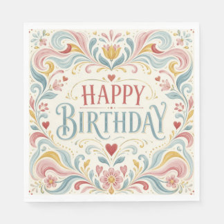 Happy Birthday Scandinavian Folk Art Floral Swirls Napkin