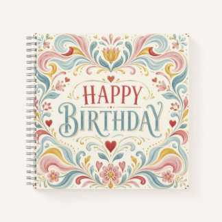 Happy Birthday Scandinavian Folk Art Floral Swirls Notebook