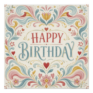 Happy Birthday Scandinavian Folk Art Floral Swirls Poster