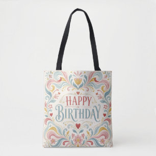 Happy Birthday Scandinavian Folk Art Floral Swirls Tote Bag