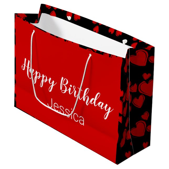 Happy Birthday Script Black and Red Hearts Large Gift Bag (Front Angled)
