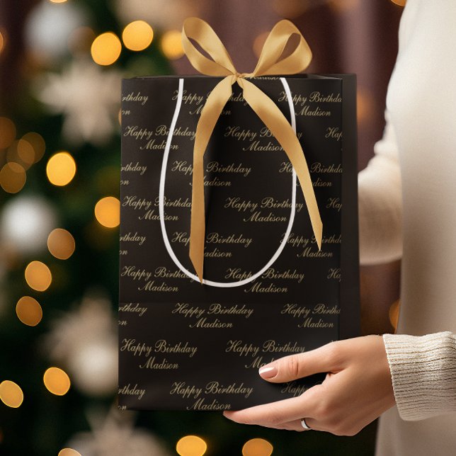 Happy Birthday Script Name Black Gold Medium Gift Bag (Creator Uploaded)