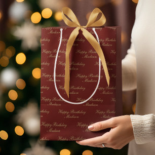 Happy Birthday Script Name Burgundy Gold Medium Gift Bag