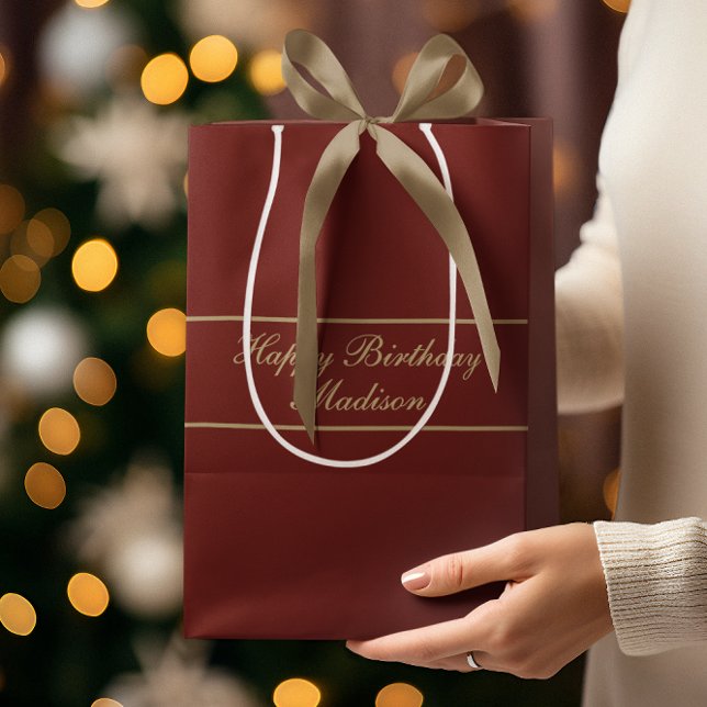 Happy Birthday Script Name Burgundy Gold Medium Gift Bag (Creator Uploaded)